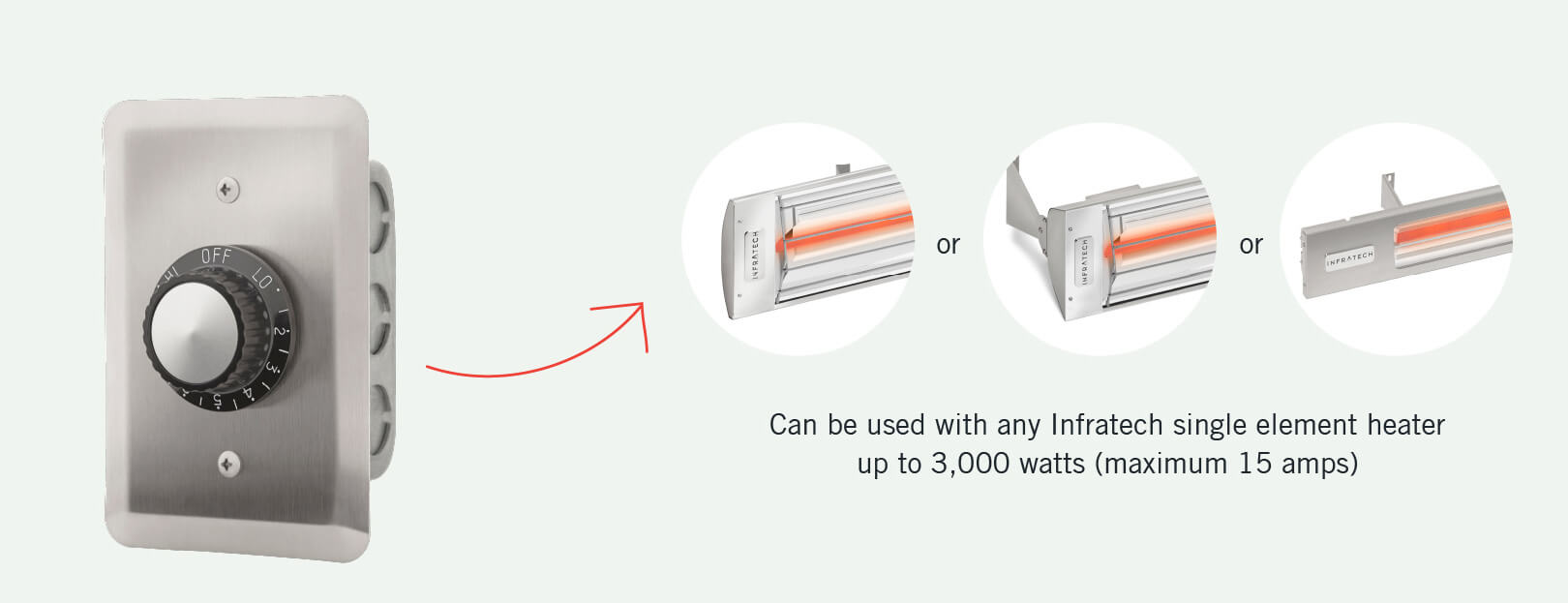 Can be used with any Infratech single element heater up to 3,000 watts (maximum 15 amps)