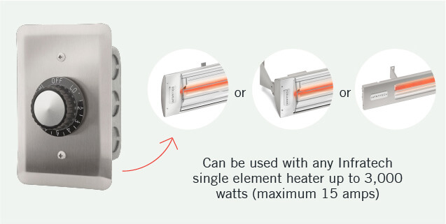 Can be used with any Infratech single element heater up to 3,000 watts (maximum 15 amps)